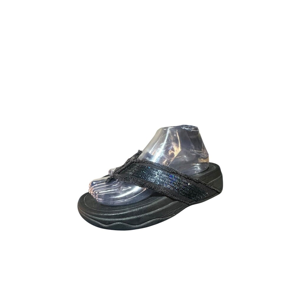 FitFlop Sandals Women Size 6 Surfa Black Thong Sequin Wedge Boho Comfy Summer